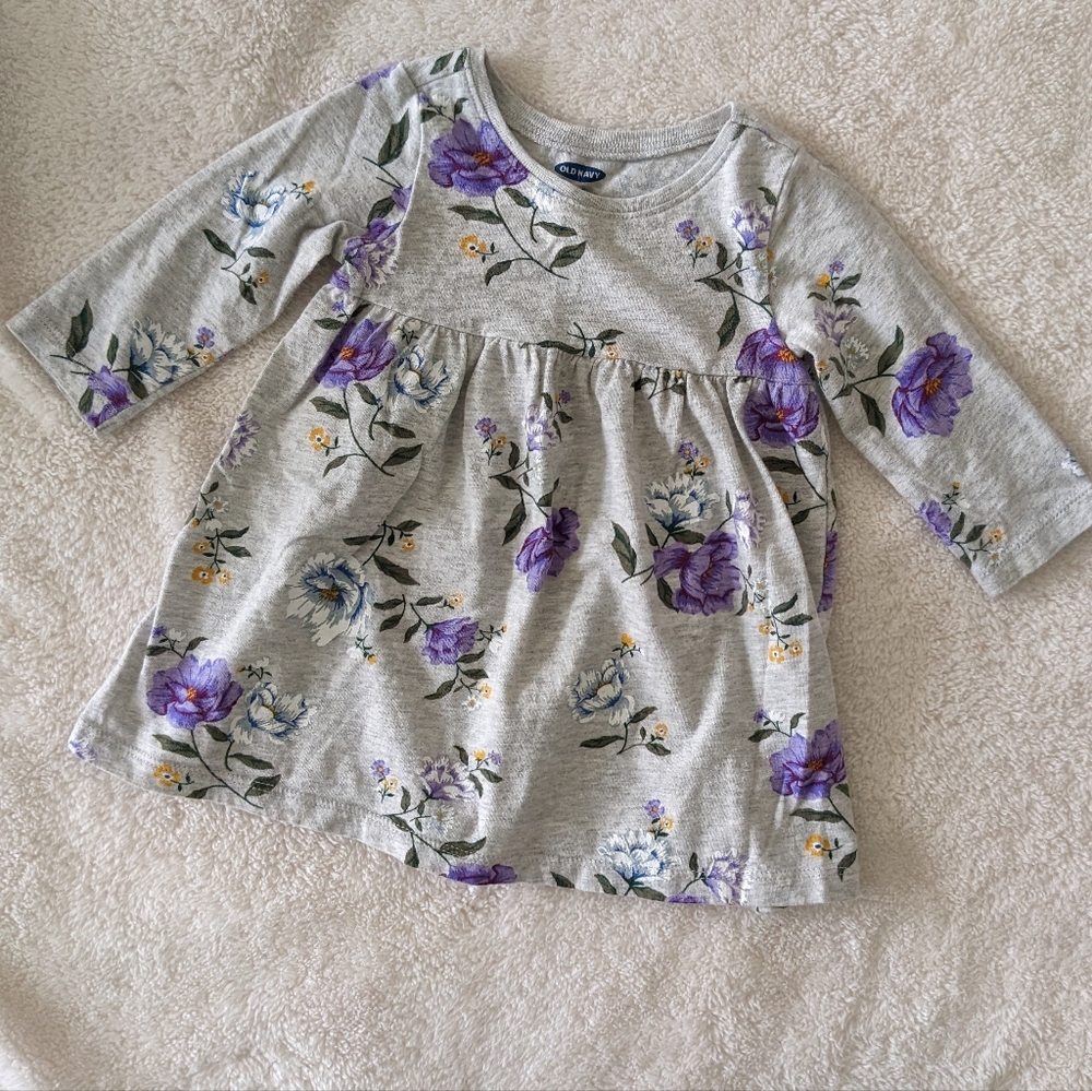 Old Navy Light Grey and Purple Floral Long Sleeve Dress. Size 3-6M